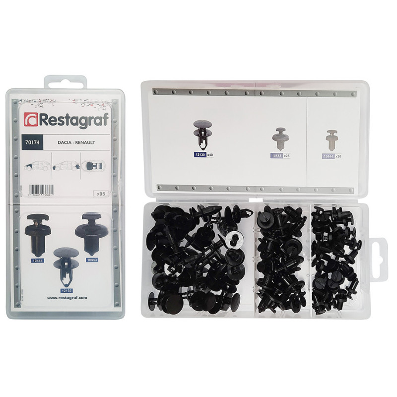 MINI-COFFRET D'ASSORTIMENT DE RIVETS PLASTIQUES TYPE DACIA RENAULT