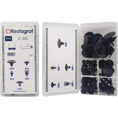 MINI-COFFRET D'ASSORTIMENT D'AGRAFES DE BOUCLIERS ET AILES TYPE VU FIAT - NISSAN - OPEL - RENAULT