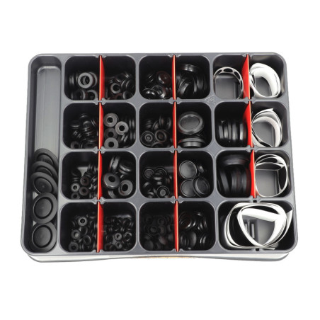 ASSORTMENT TRAY OF WIRE GROMMETS, PLUGS AND ADHESIVE PADS