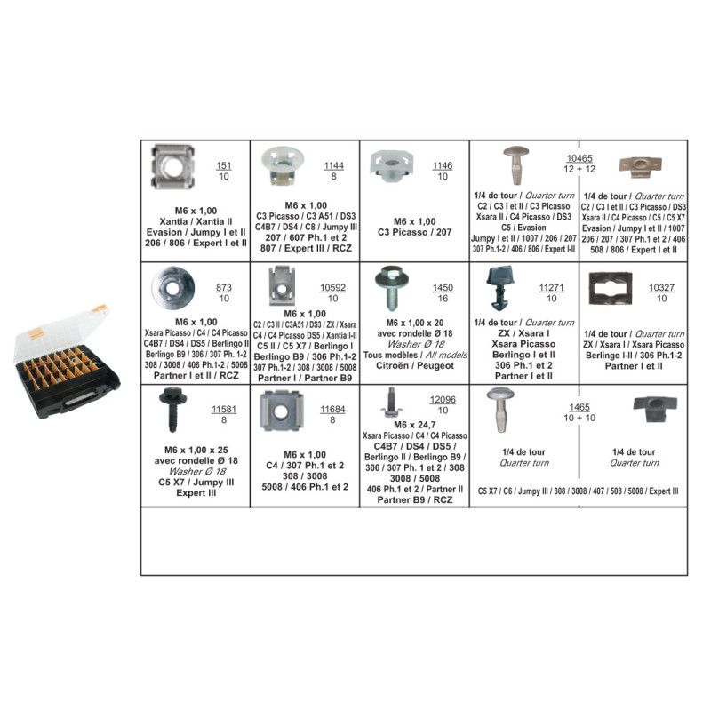 ASSORTMENT BOX OF ENGINE UNDERCOVERING MUDGUARD FASTENERS CITROËN-PEUGEOT TYPE