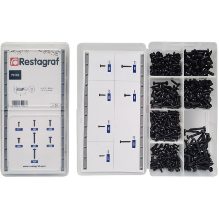 MINI-SORTIMENTSKASTEN BLECHSCHRAUBE MIT METALLGEWINDE, ZYLINDRISCHER HALBRUNDKOPF, ZN SCHWARZ BRÜNIERT Ø 2,9 → 4,8 mm DIN7981